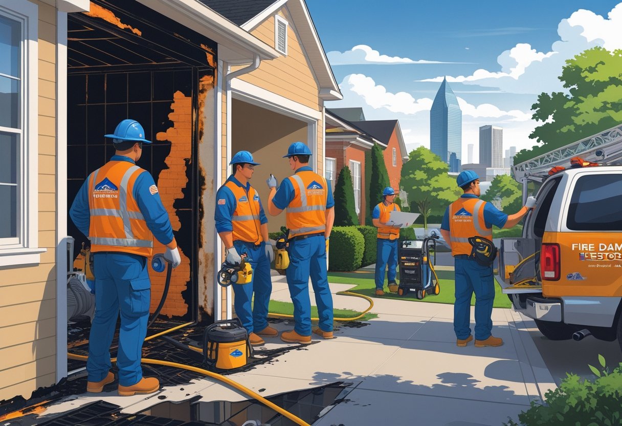 A team of fire damage restoration workers assessing and repairing a fire-damaged house in a neighborhood with the Atlanta skyline in the background.
