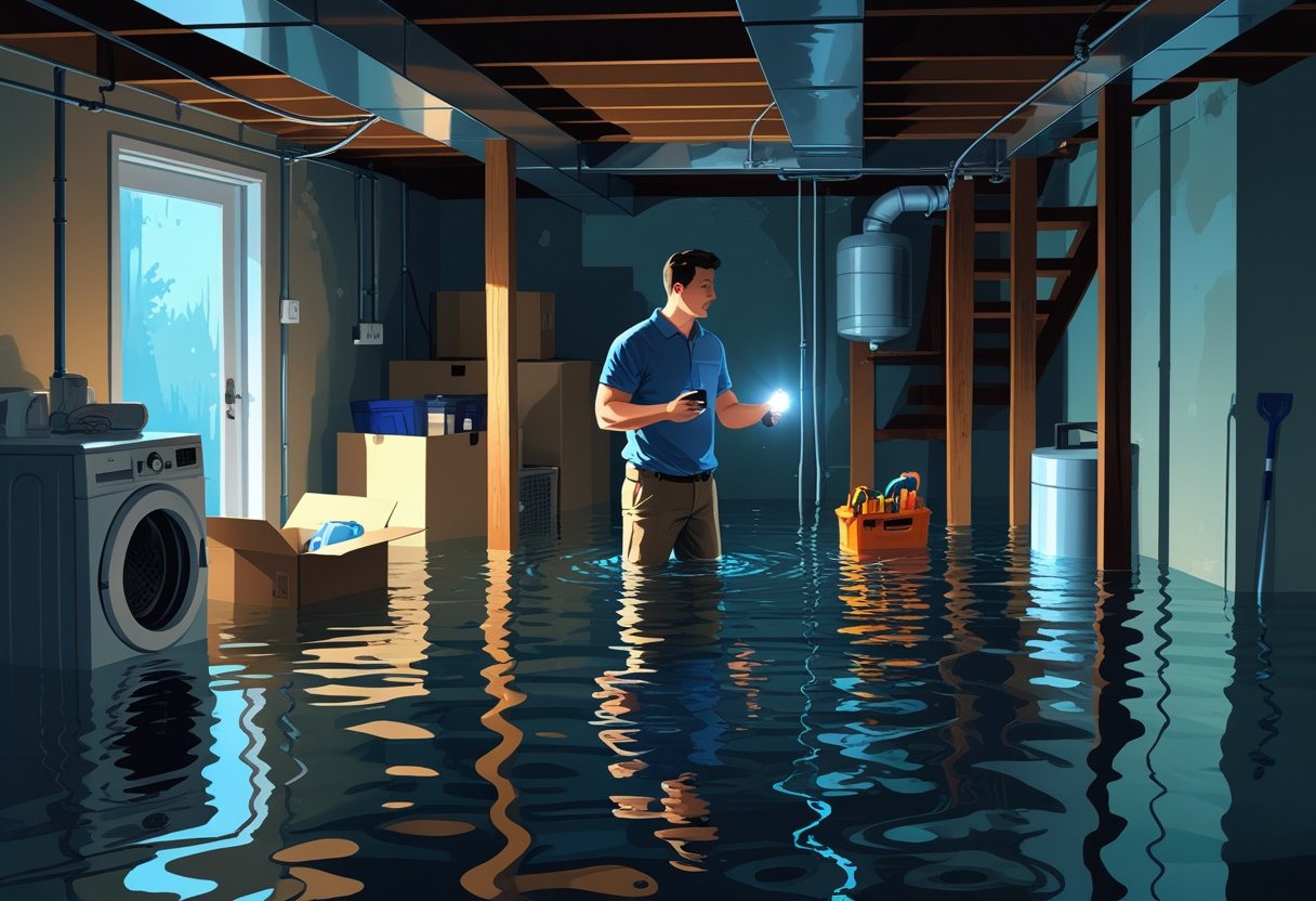 A flooded basement in a home with water covering the floor and a homeowner standing at the stairs holding a flashlight.