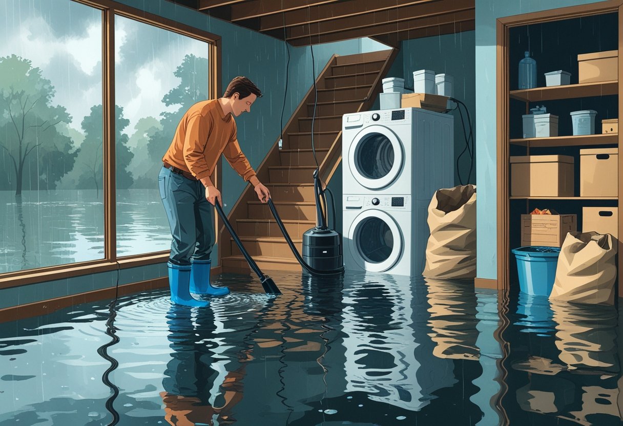 A flooded basement with a homeowner using a sump pump and placing sandbags to manage water, surrounded by partially submerged household items.