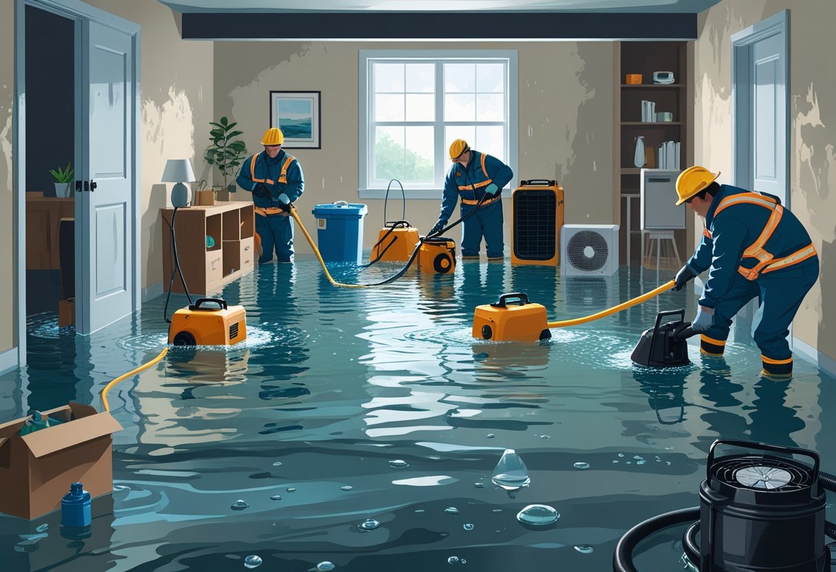 A flooded basement with emergency responders using pumps and equipment to remove water and dry the area.