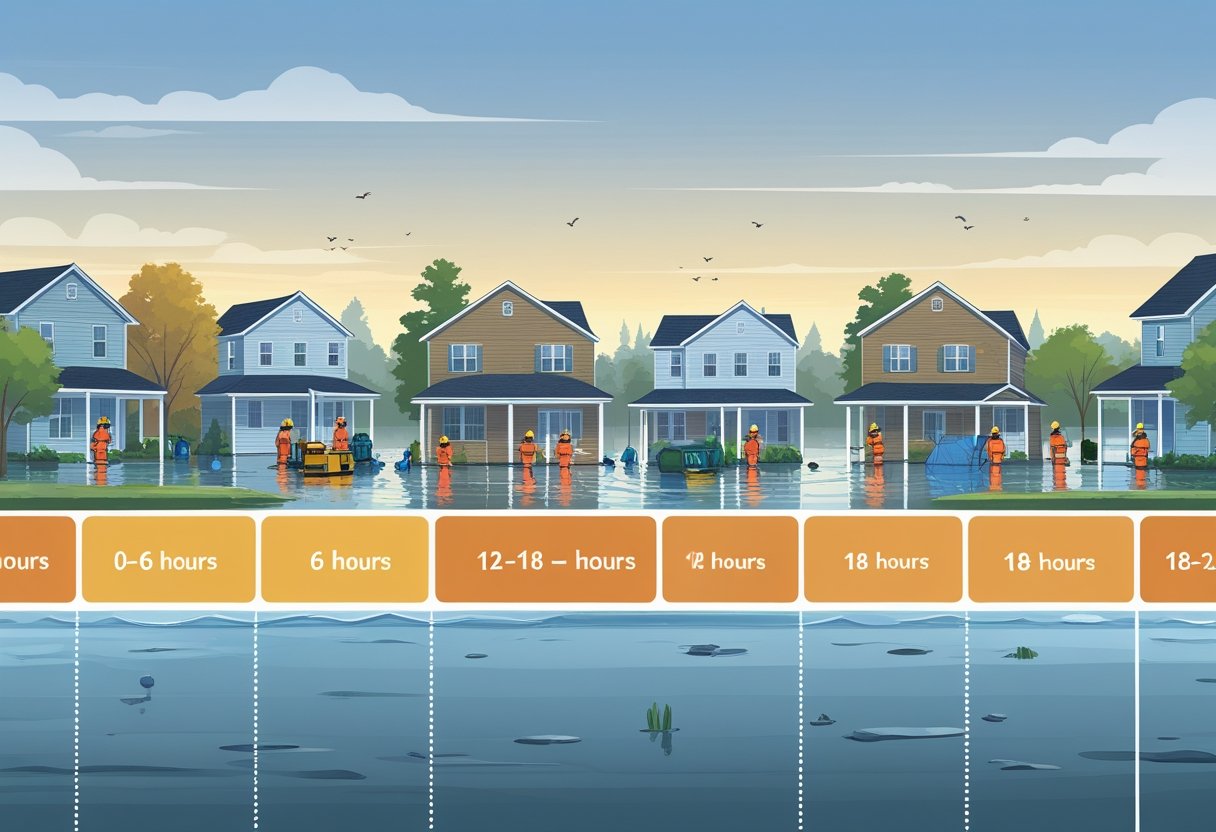 A timeline illustration showing flood cleanup activities in four stages over 24 hours, including damage assessment, water removal, drying and disinfecting, and repair work around flooded homes.