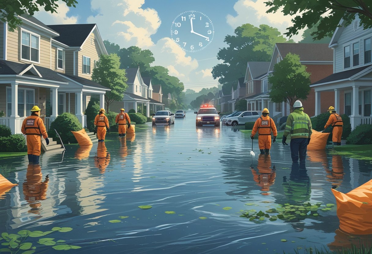 A flooded neighborhood with emergency responders and residents taking safety measures like turning off electricity, securing pets, and removing belongings during the first day of flood cleanup.