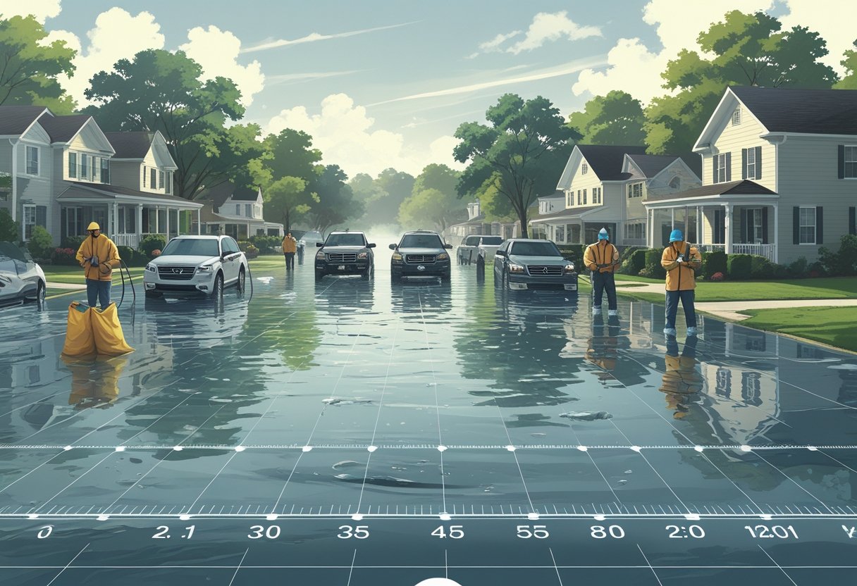 A sequence of scenes showing people documenting flood damage and cleaning up water around flooded houses during the first 24 hours after a flood.