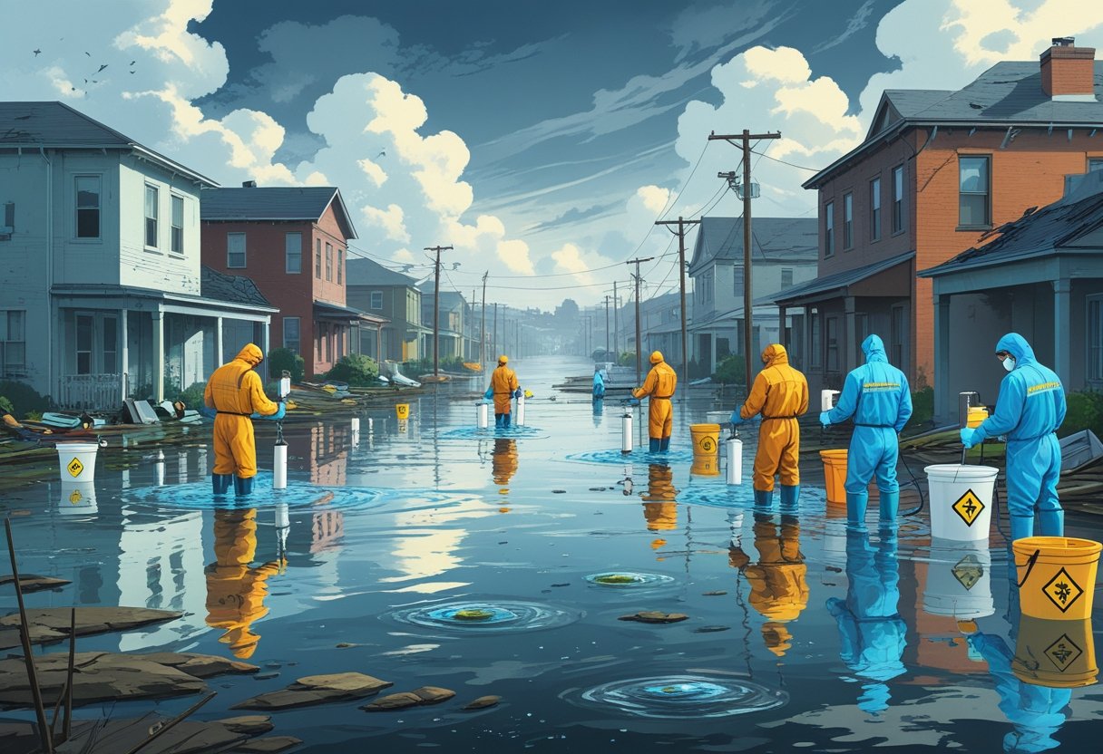 Workers in protective gear testing and cleaning contaminated floodwater in a flooded urban area with debris and damaged buildings.