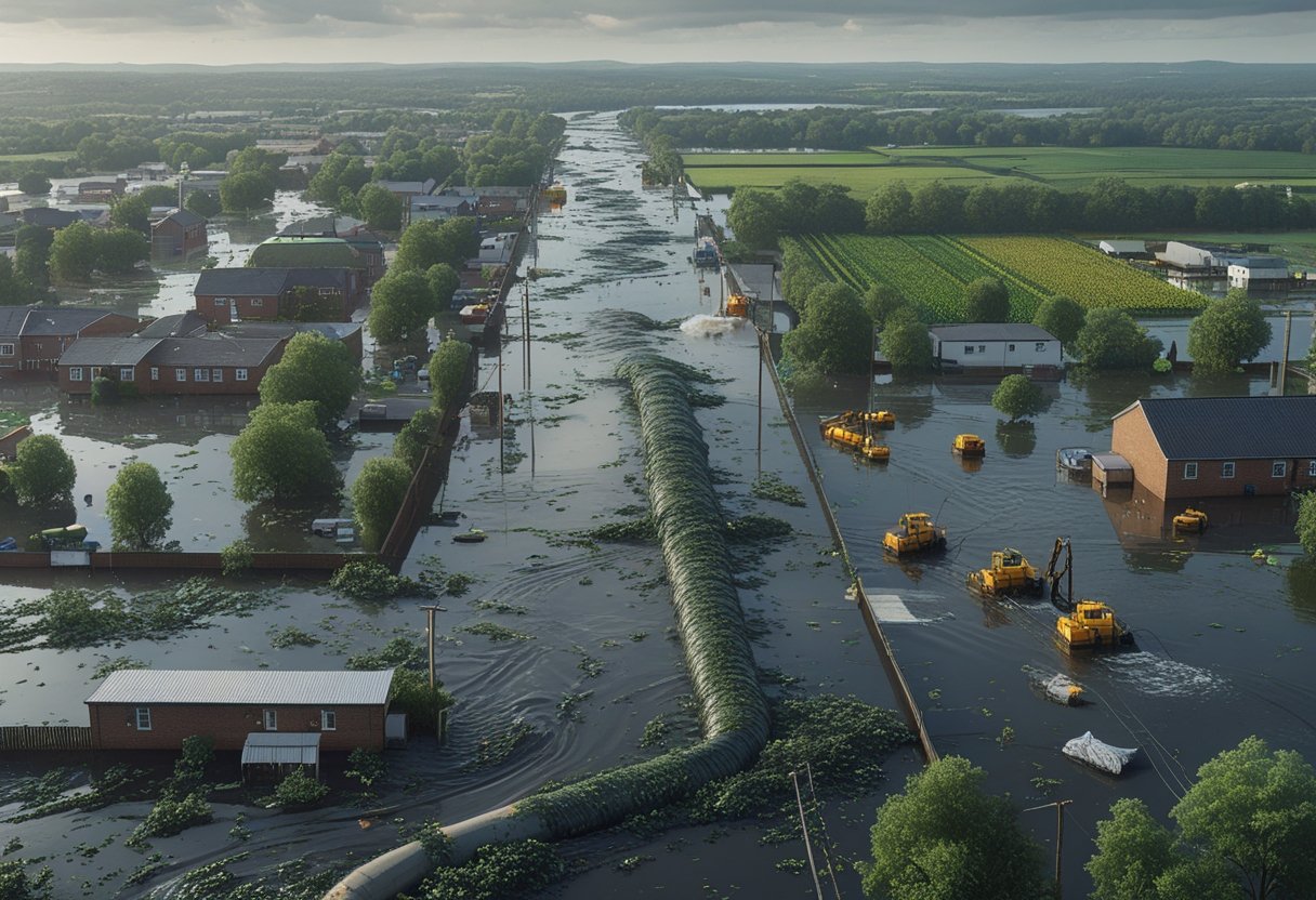 A flooded urban area showing polluted water with sewage overflow, industrial runoff, agricultural chemicals, and trash, while workers clean up the contaminated floodwaters.