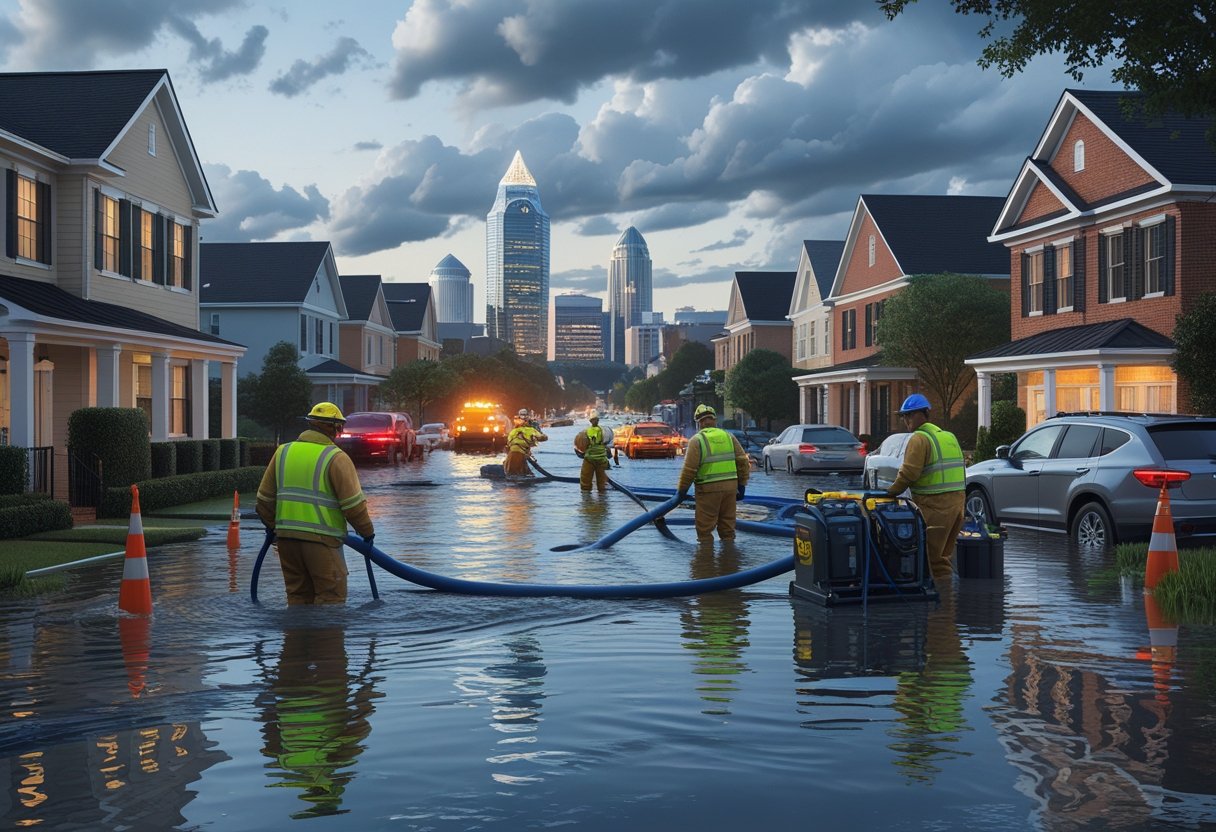 Flooded residential neighborhood in Atlanta with emergency workers pumping water and cleaning up debris, with the city skyline in the background.