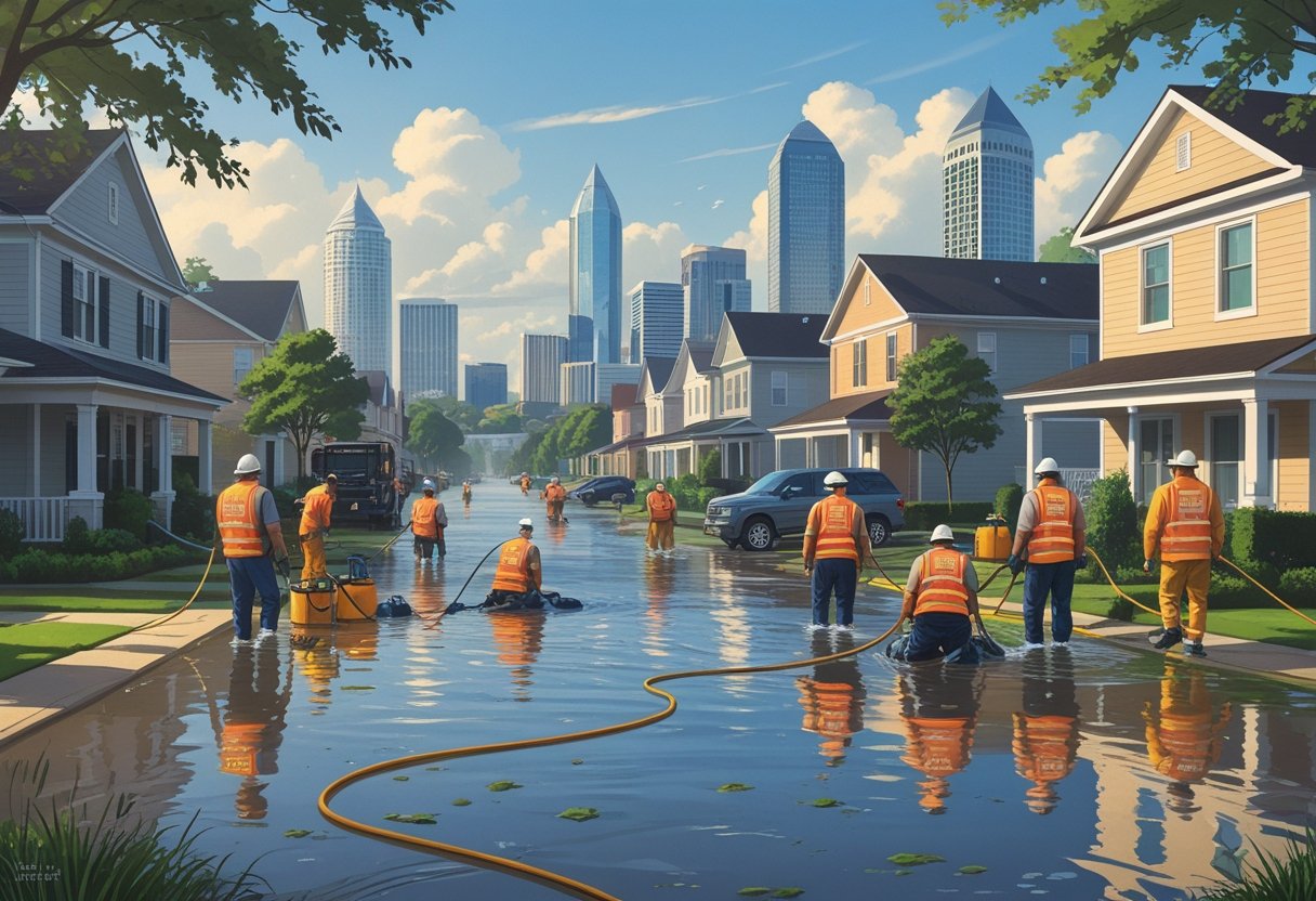 A flooded residential neighborhood in Atlanta with emergency workers using equipment to pump out water and clean debris, with the city skyline visible in the background.