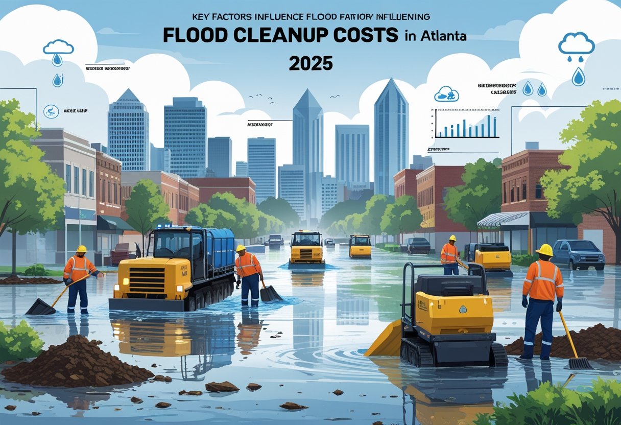 A cityscape of Atlanta with flooded streets and emergency workers cleaning up water damage using pumps and vehicles, with subtle visual elements representing factors affecting cleanup costs.