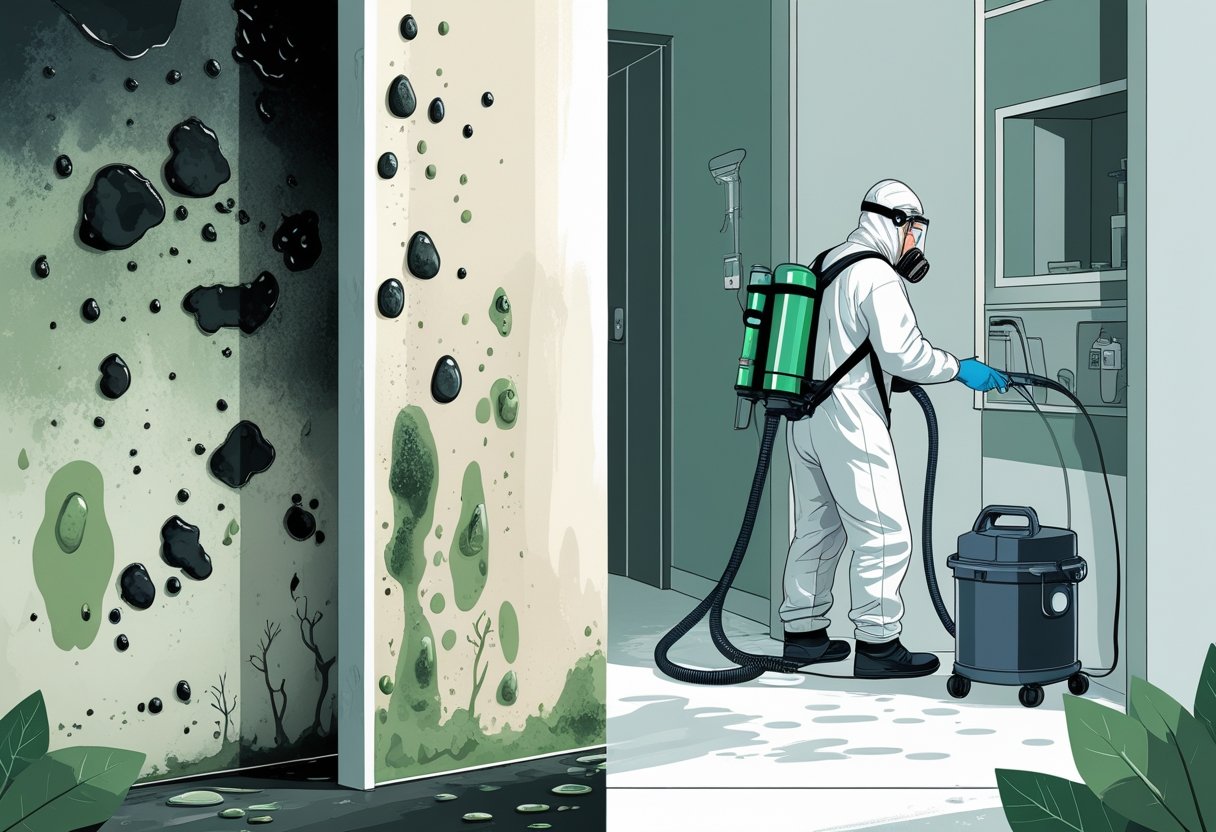 A split scene showing a moldy, damaged wall with a person wearing a mask on one side, and a technician in protective gear cleaning and restoring the wall on the other side.