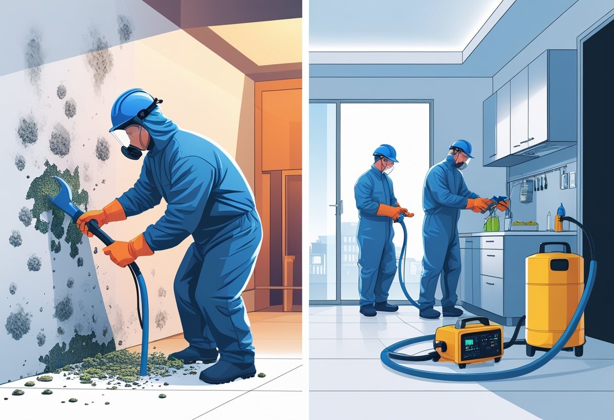 A split scene showing a technician removing mold from a wall on one side and a team treating and inspecting a home to prevent mold growth on the other side.