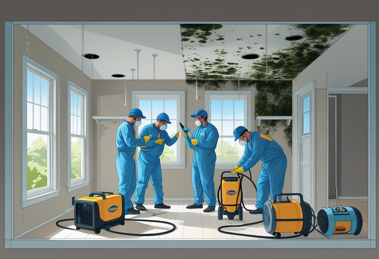 A cross-sectional view of a house showing professionals in protective gear inspecting and treating mold-affected areas with equipment and cleaning tools.