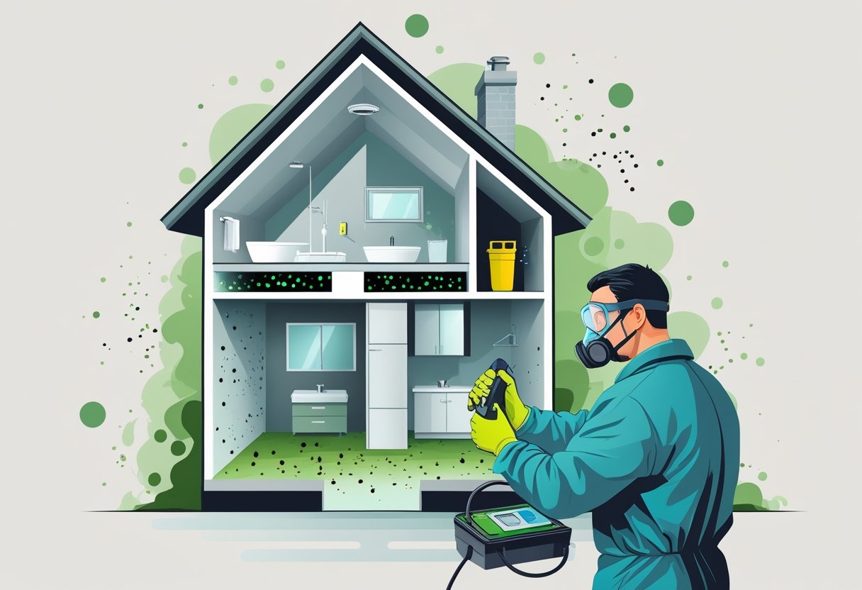 A cross-section of a house showing mold growth in damp areas with a professional wearing protective gear inspecting and treating the mold.
