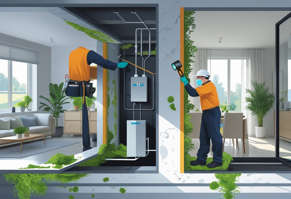 A technician in protective gear inspecting hidden mold sources inside a home, checking behind walls and under sinks with specialized tools.