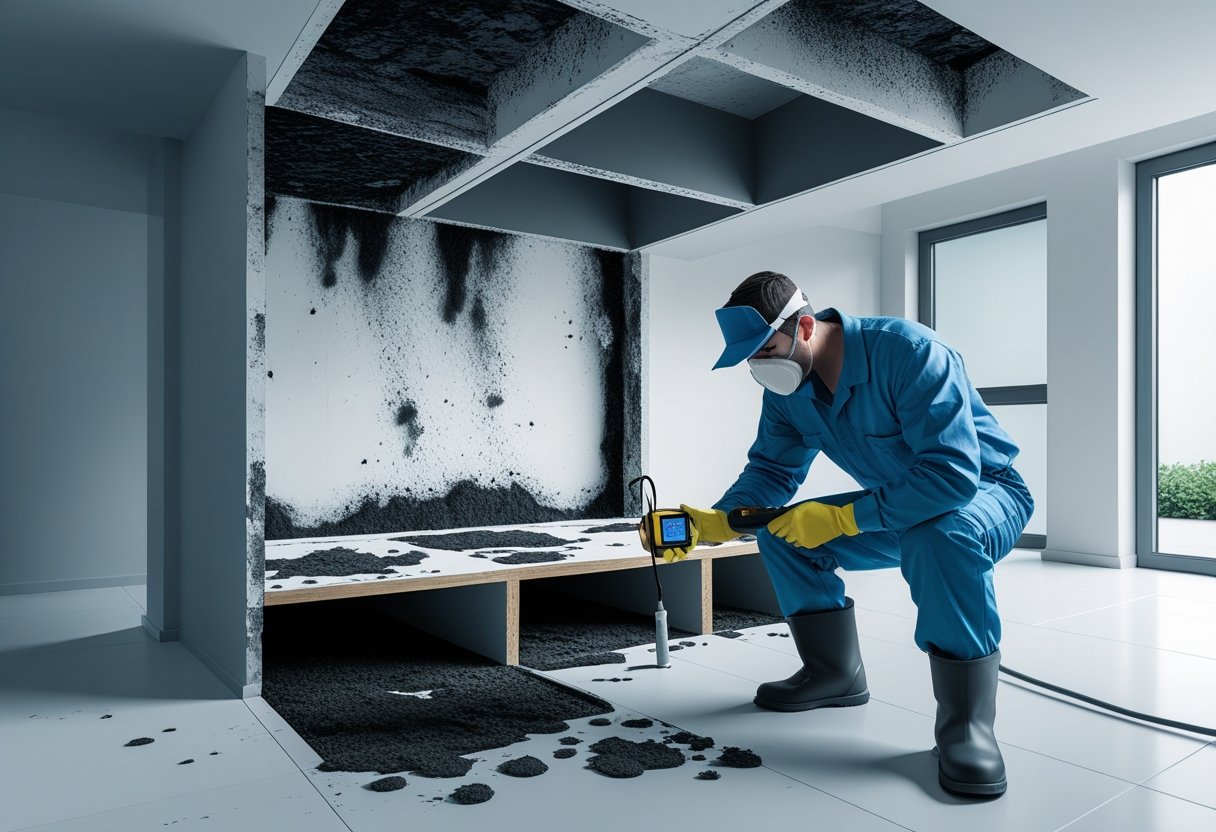 A technician in protective gear inspecting hidden mold growth inside the walls and floors of a house using specialized tools.