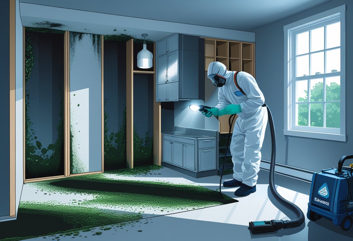 A cross-section of a house showing hidden mold spots in walls, under sinks, and in ducts, with a technician inspecting and removing mold using tools.