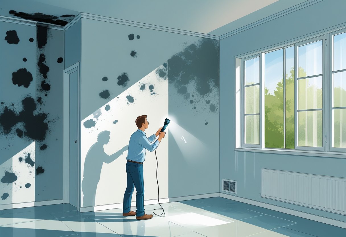 A homeowner inspecting their house interior for mold, looking at walls and corners with a flashlight and moisture meter, with visible signs like water stains, mold patches, and condensation.