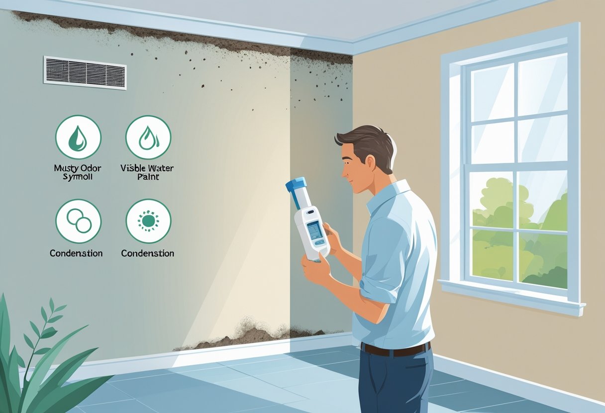 A homeowner inspecting a corner of a living room with a mold testing kit, surrounded by subtle signs of mold such as water stains, peeling paint, condensation, and indications of a musty odor.