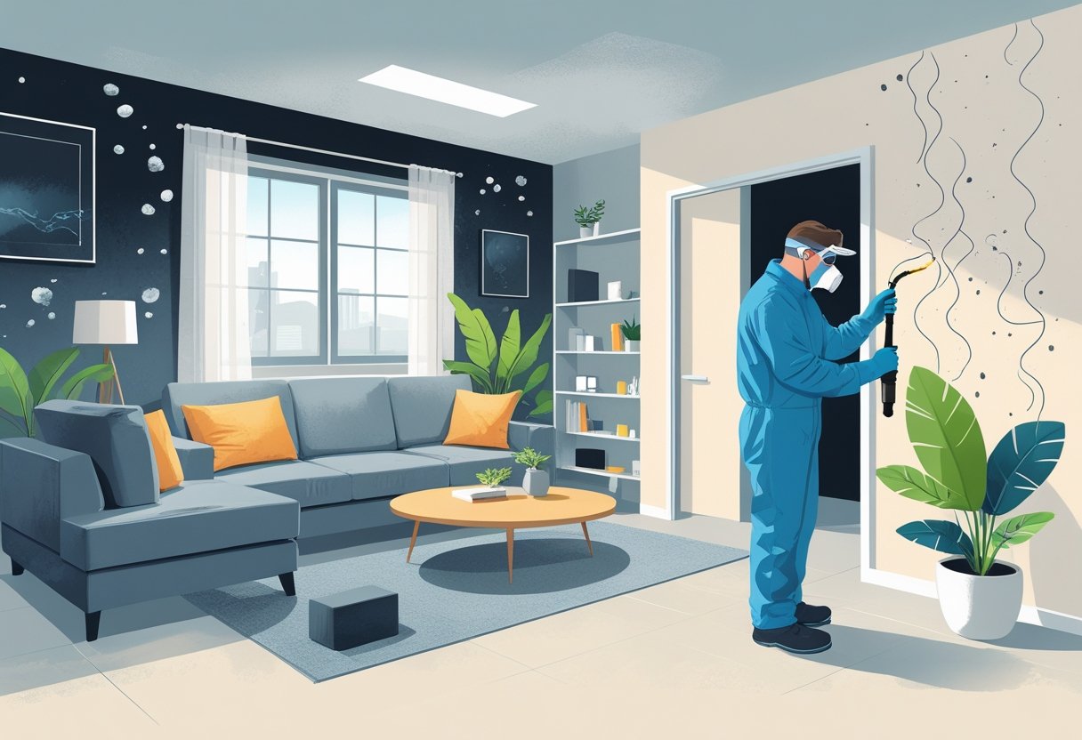 A home interior showing signs of mold including dark spots on walls, mold in a bathroom corner, peeling paint, a musty odor near the basement, and a person inspecting with mold testing equipment.