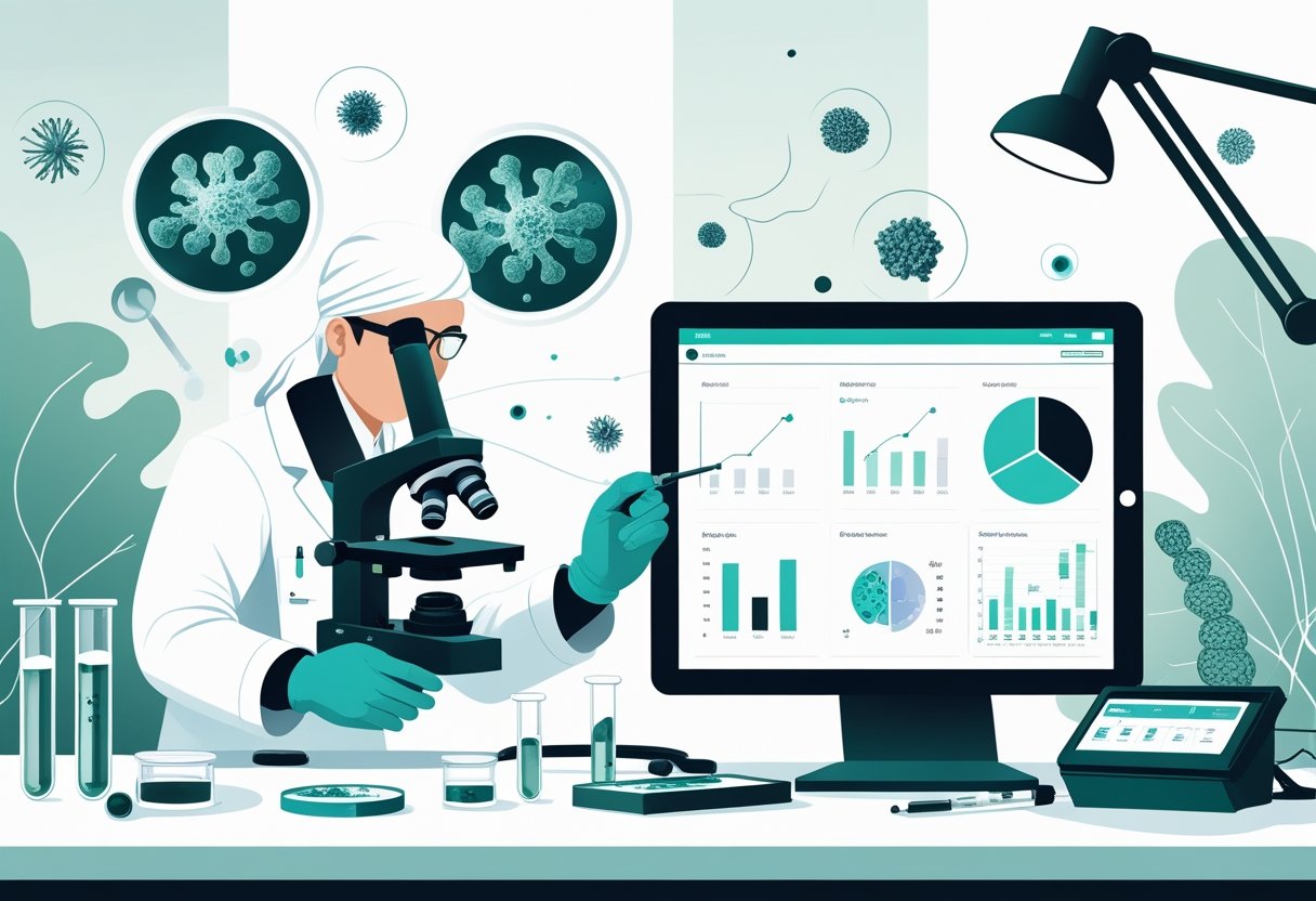 A scientist in a lab coat examining mold samples under a microscope with test tubes and digital charts on a desk in a laboratory setting.