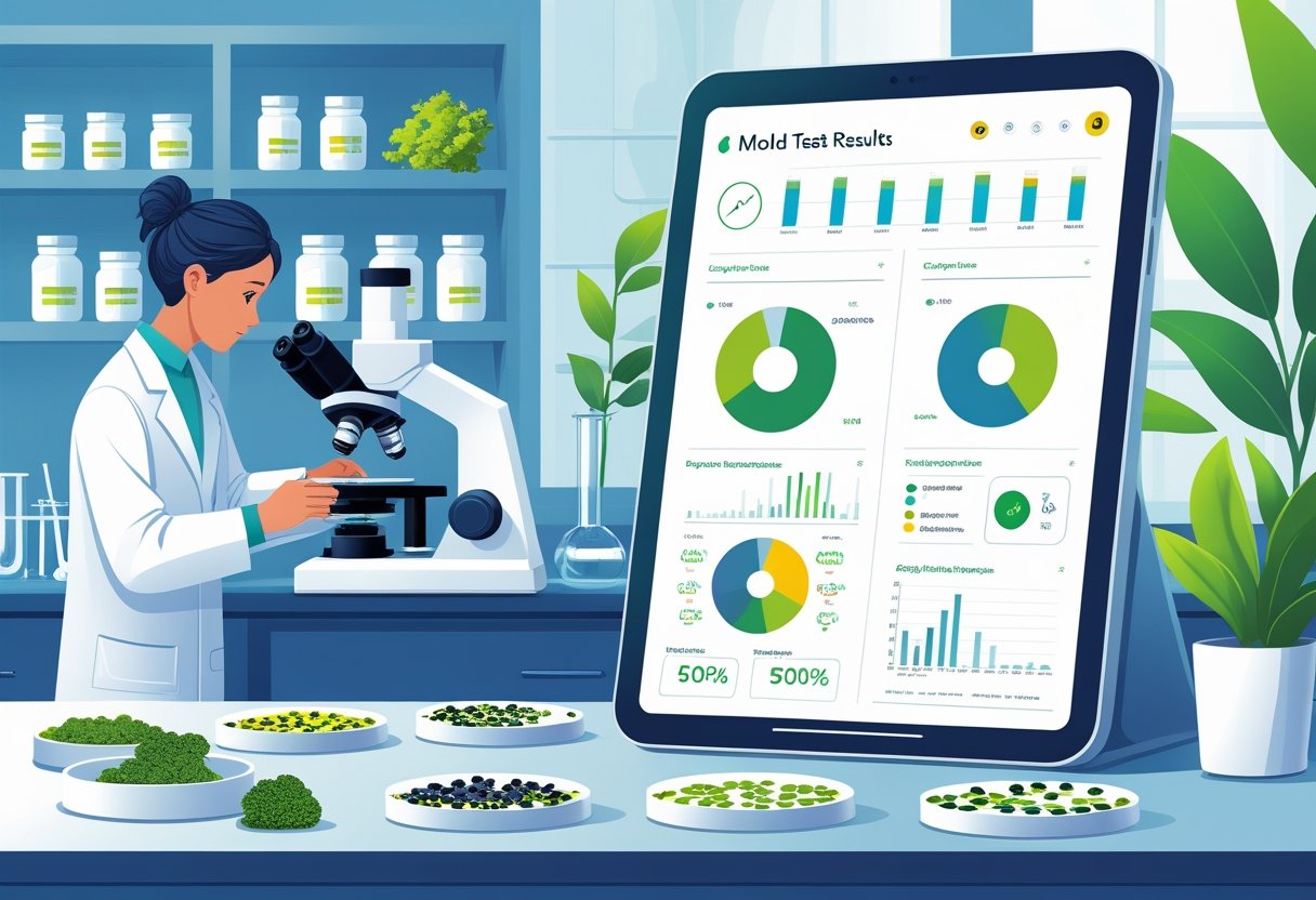 A scientist in a lab coat examines mold samples under a microscope in a laboratory with petri dishes and a digital screen showing test data.