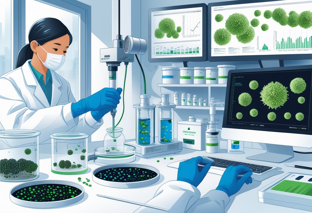 A scientist in a lab coat collecting mold samples using various testing equipment in a laboratory.