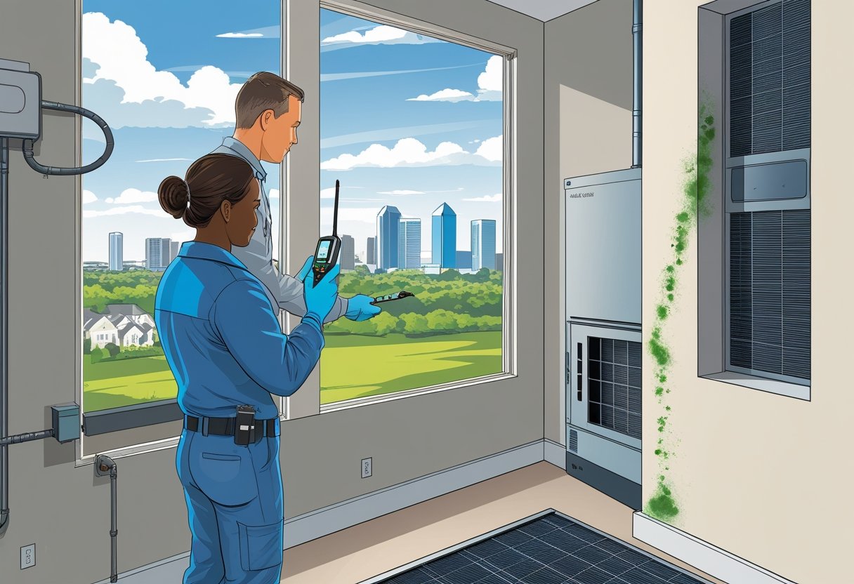 A technician tests air quality inside a suburban home with visible mold spots, with the Atlanta skyline in the background.