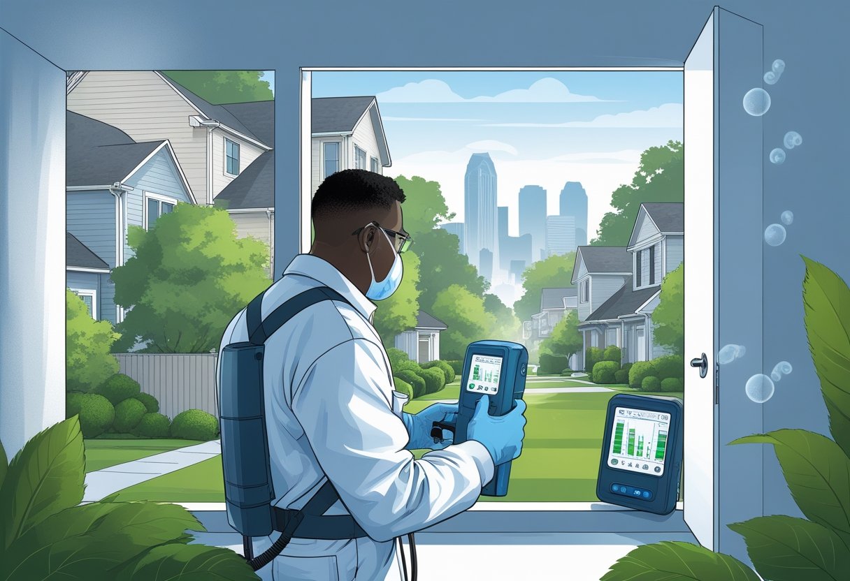 A technician testing air quality inside an Atlanta home with houses and city skyline visible outside.