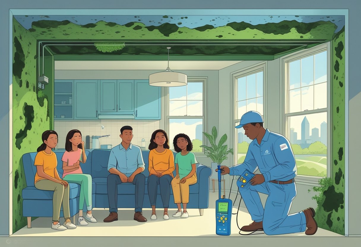 Cross-section of a home showing mold growth and a family experiencing respiratory discomfort while a technician performs air quality testing.