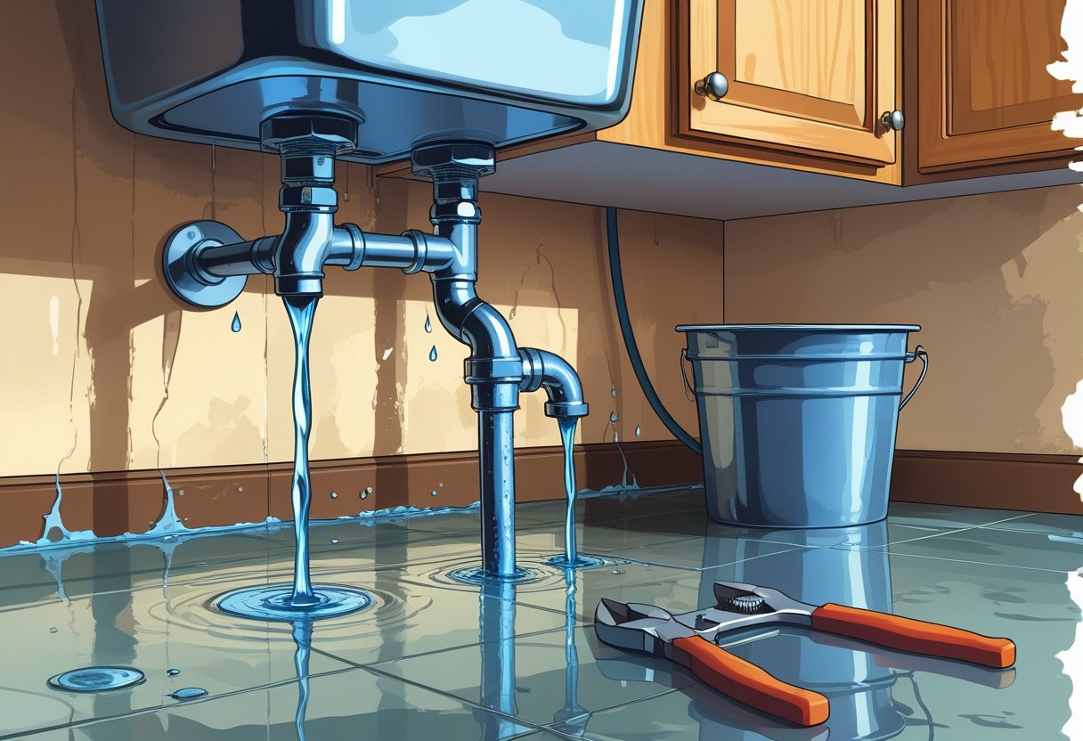 A leaking pipe under a kitchen sink dripping water onto the floor, causing damage to the cabinet and surrounding area with repair tools nearby.