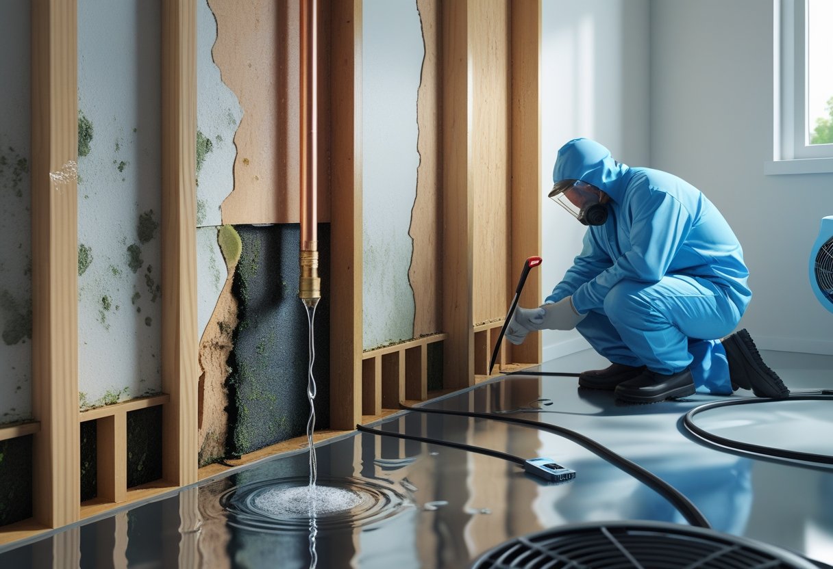 Cross-section of a wall showing a leaking pipe causing water damage with a professional inspecting the area using a moisture meter.