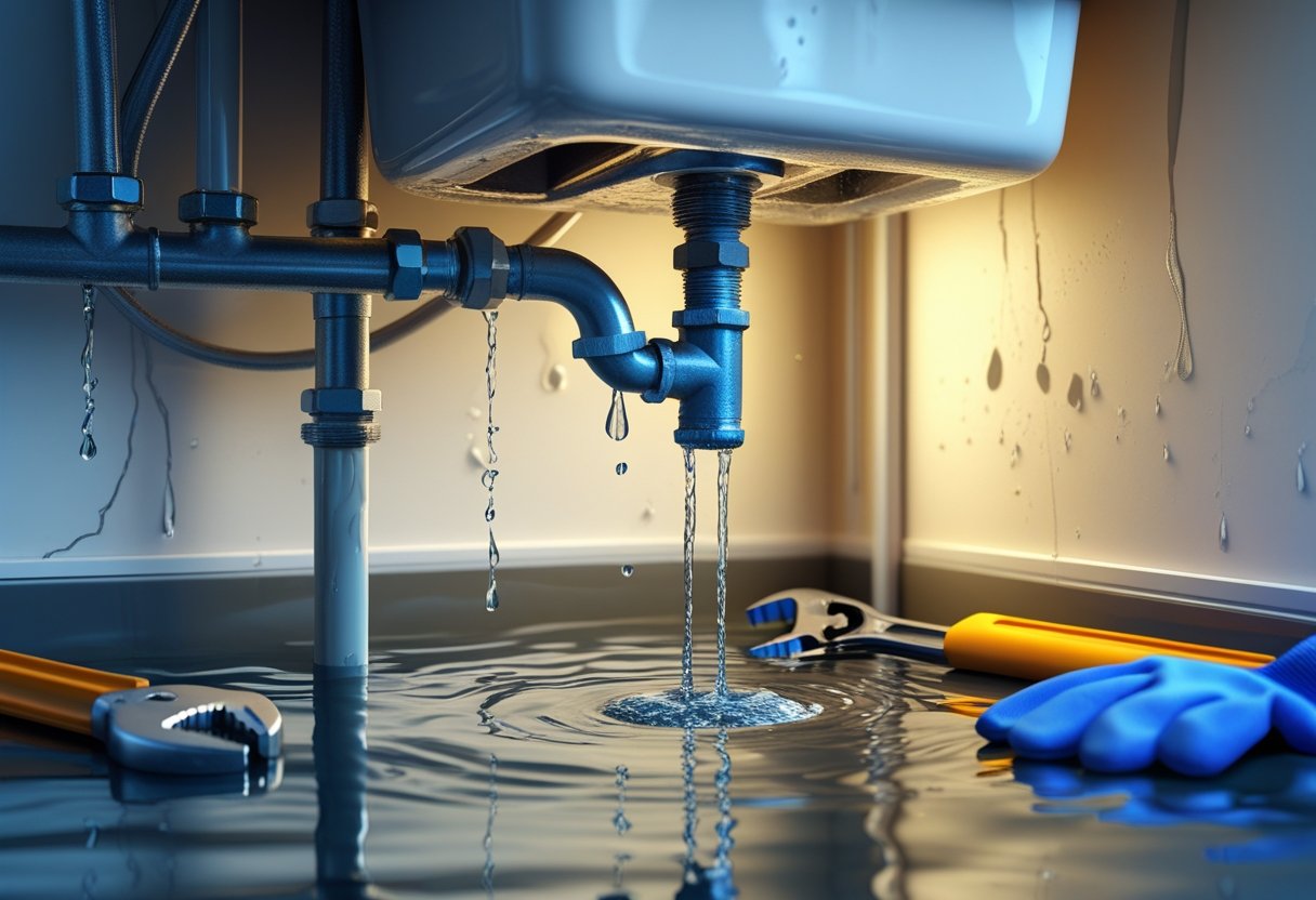 A leaking pipe under a sink with water dripping, tools nearby, and signs of water damage on the floor and wall.