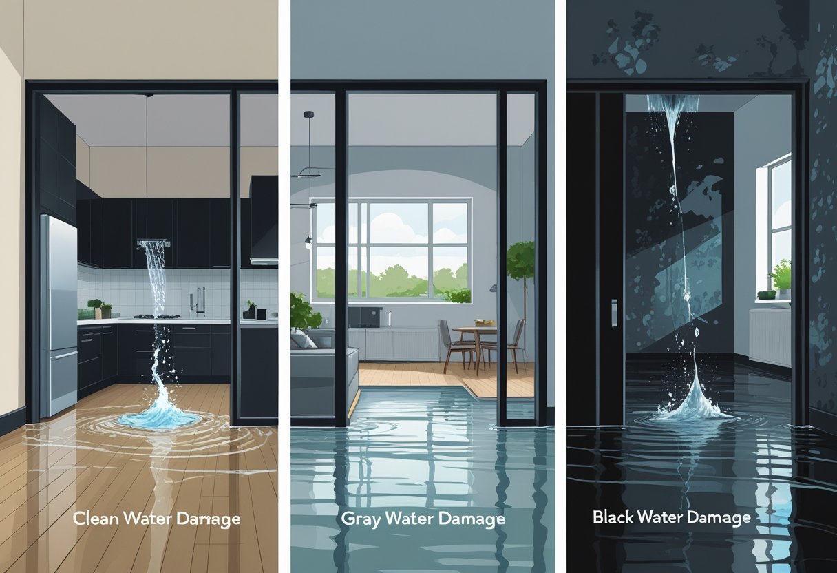 Three side-by-side scenes showing different types of water damage inside a home: clean water on a wooden floor, murky water leaking in a kitchen, and dark contaminated floodwater in a basement.