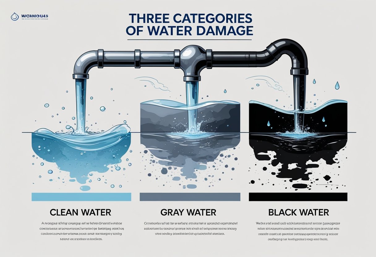 An illustration divided into three parts showing clean water from a pipe, slightly dirty water from a washing machine, and heavily contaminated water with debris representing different types of water damage.