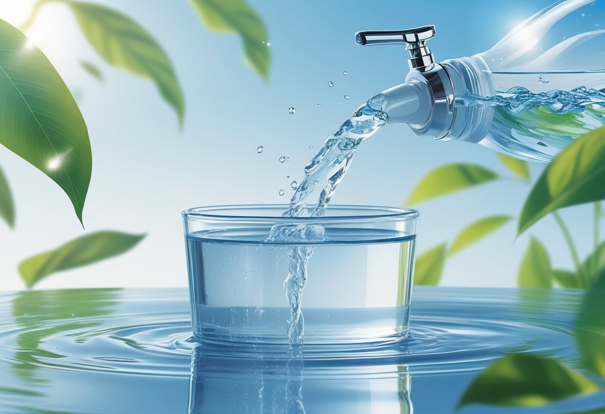 A clear stream of clean water flowing into a transparent container surrounded by green leaves and a bright sky.