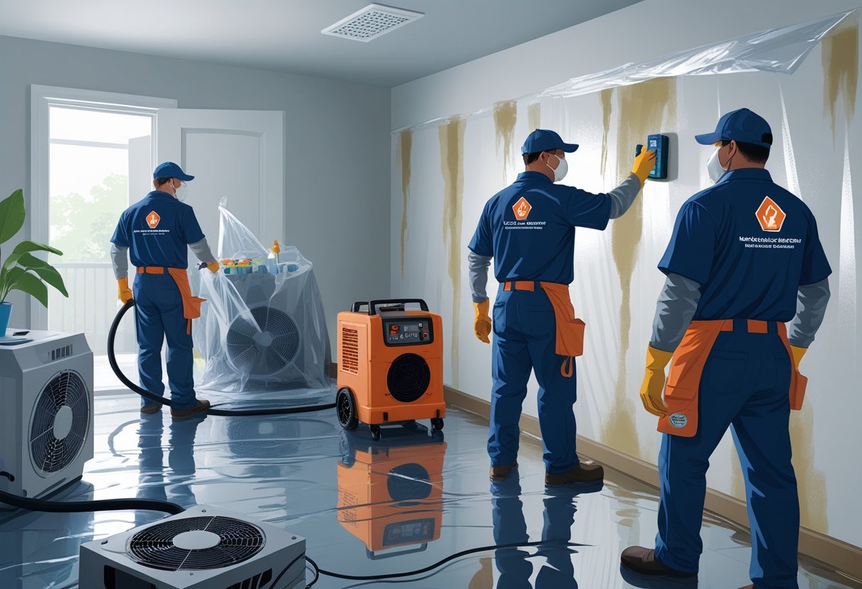 A team of workers in protective gear using equipment to dry and treat a water-damaged room to prevent mold growth.
