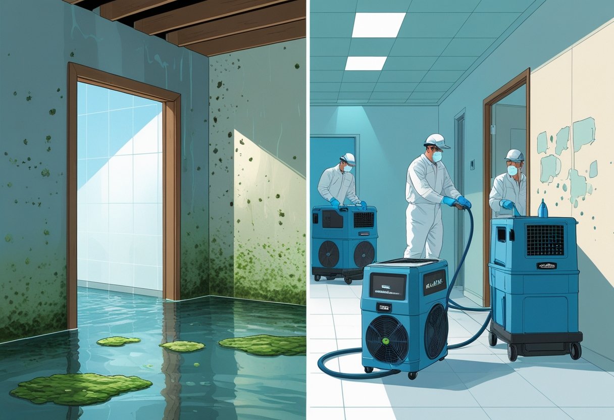 An interior space showing water damage and early mold growth on one side, and a team of professionals using equipment to dry and treat the area to prevent mold on the other side.