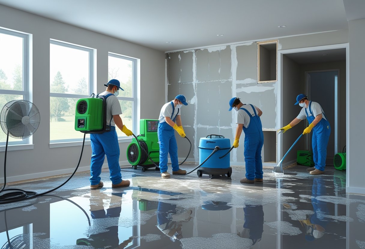 A team of workers in protective gear preventing mold growth in a water-damaged living room using drying equipment and mold treatments.