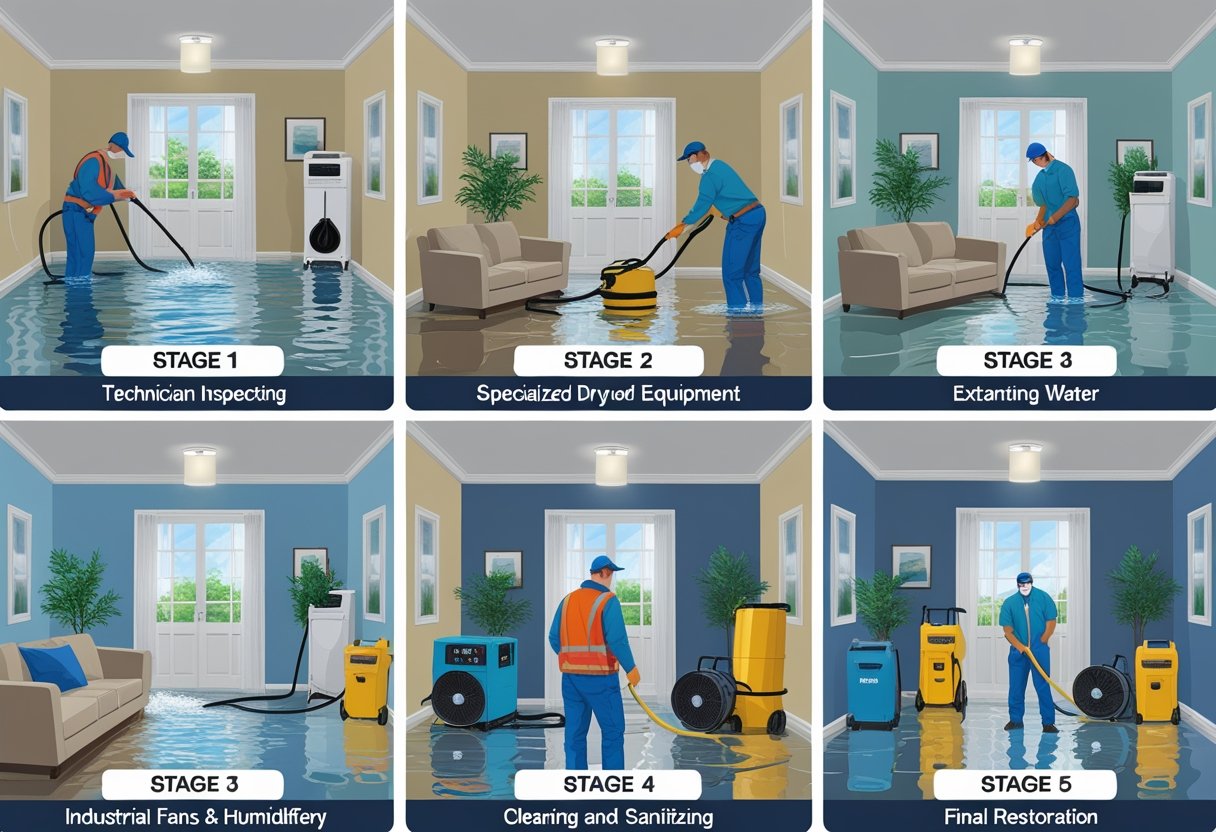 A sequence of five scenes showing a technician inspecting water damage, extracting water, drying the room, cleaning and sanitizing, and restoring a flooded residential room.