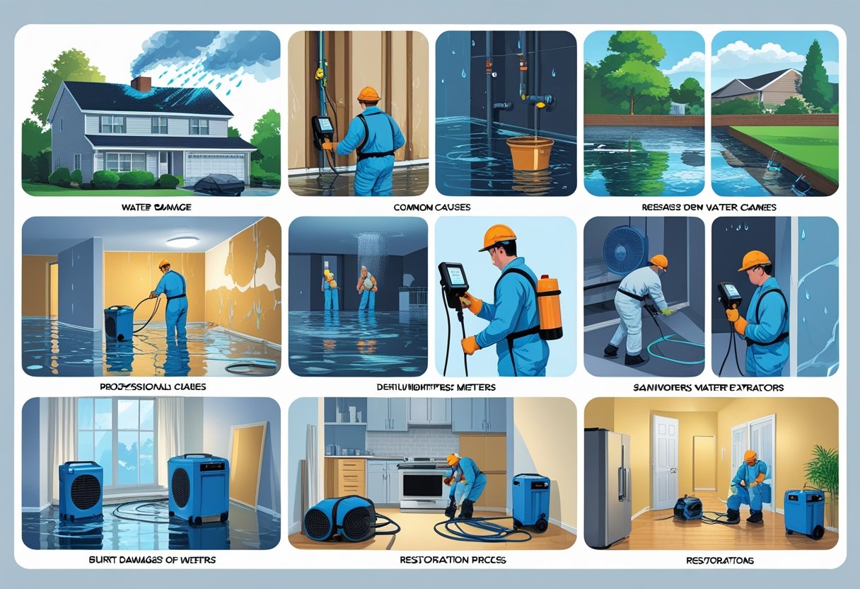 A multi-panel illustration showing a house with water damage, causes like burst pipes and rain, professionals assessing and removing damaged materials, drying equipment in use, and the final restored home.