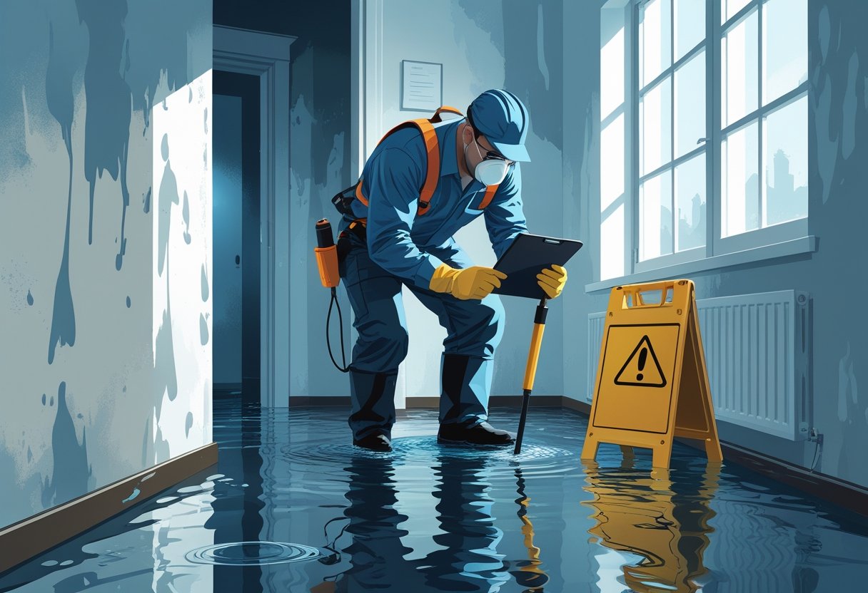 A technician inspecting a water-damaged room using a moisture meter and flashlight, with visible damp walls and water on the floor.