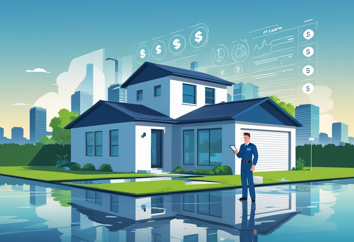 A professional assessing water damage in a house with an Atlanta city skyline in the background and cost-related icons overlaid nearby.
