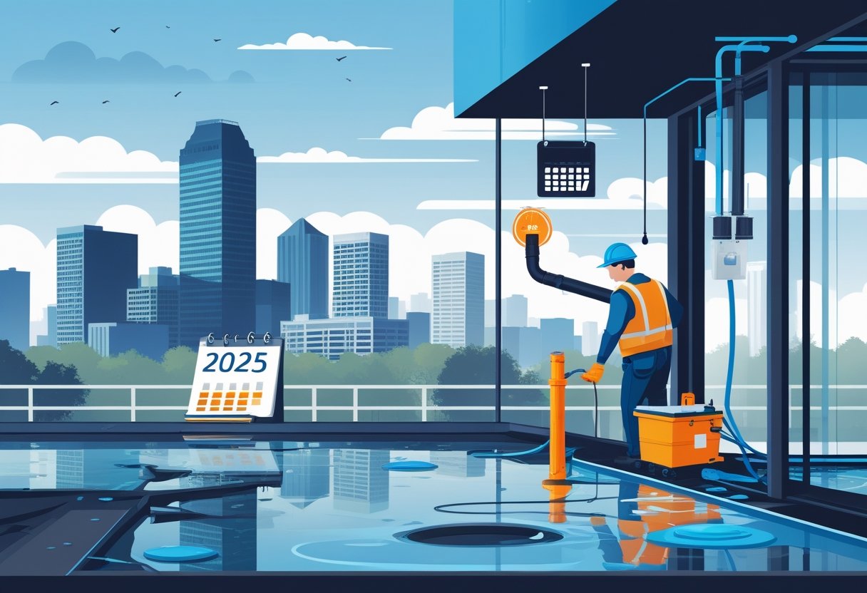 A water damage restoration professional inspecting a water-damaged home interior with the Atlanta city skyline in the background and icons representing cost factors around them.