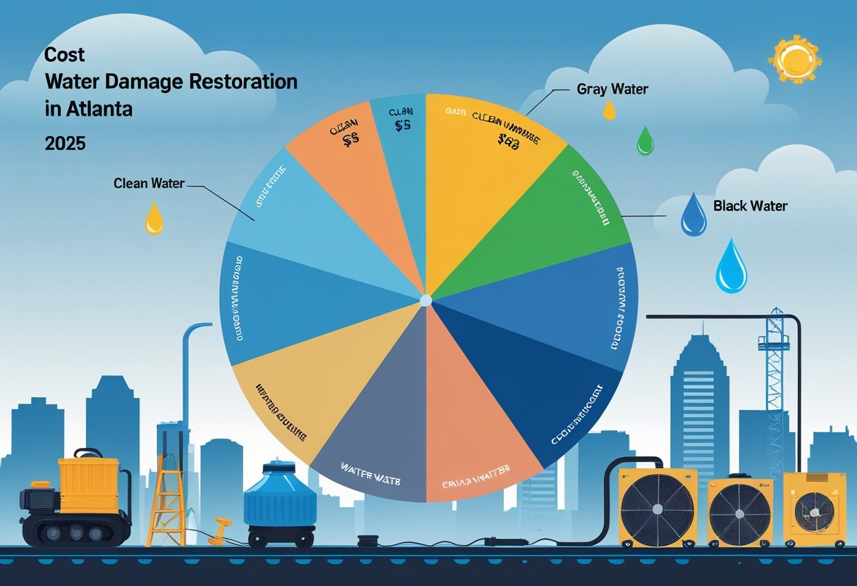 An infographic showing a pie chart with different water damage categories and related icons, set against a background of Atlanta city skyline and water restoration equipment.