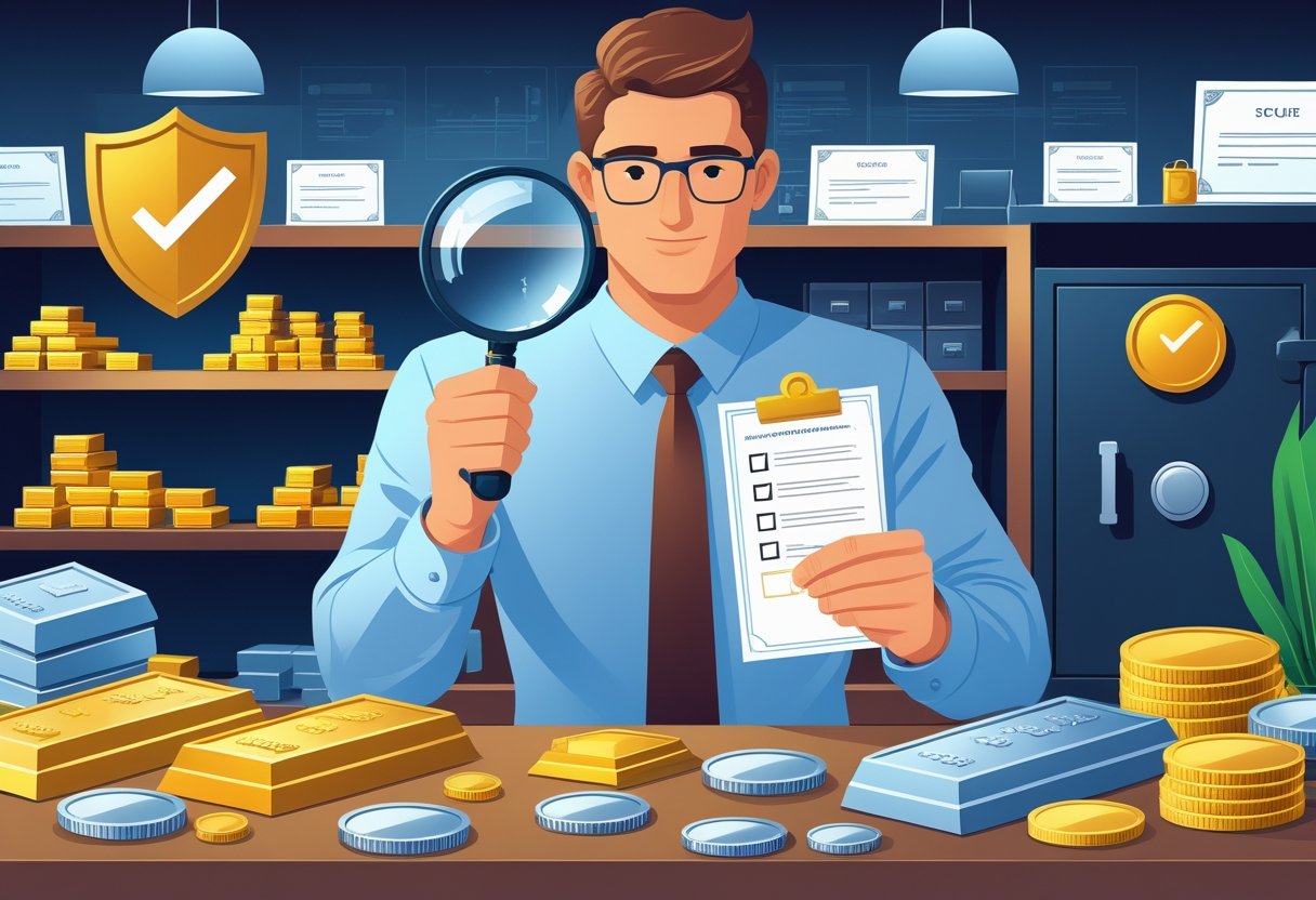 A person carefully inspecting gold and silver bars and coins with a magnifying glass and checklist, surrounded by symbols of verification and trust in a secure office setting.