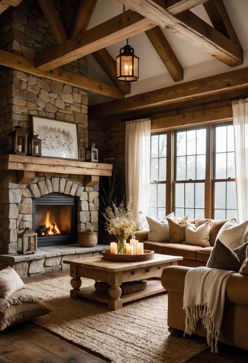 Warm Rustic Living Room Ideas: 22 Inspiring Ways to Create a Cozy Space 2 A cozy living room with a stone fireplace, wooden beams, comfortable sofas, and natural light coming through large windows.