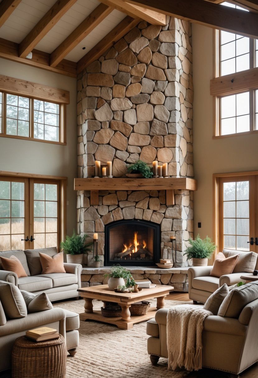 Warm Rustic Living Room Ideas: 22 Inspiring Ways to Create a Cozy Space 4 Living room with a large stone fireplace, comfortable seating, wooden beams, and warm lighting.