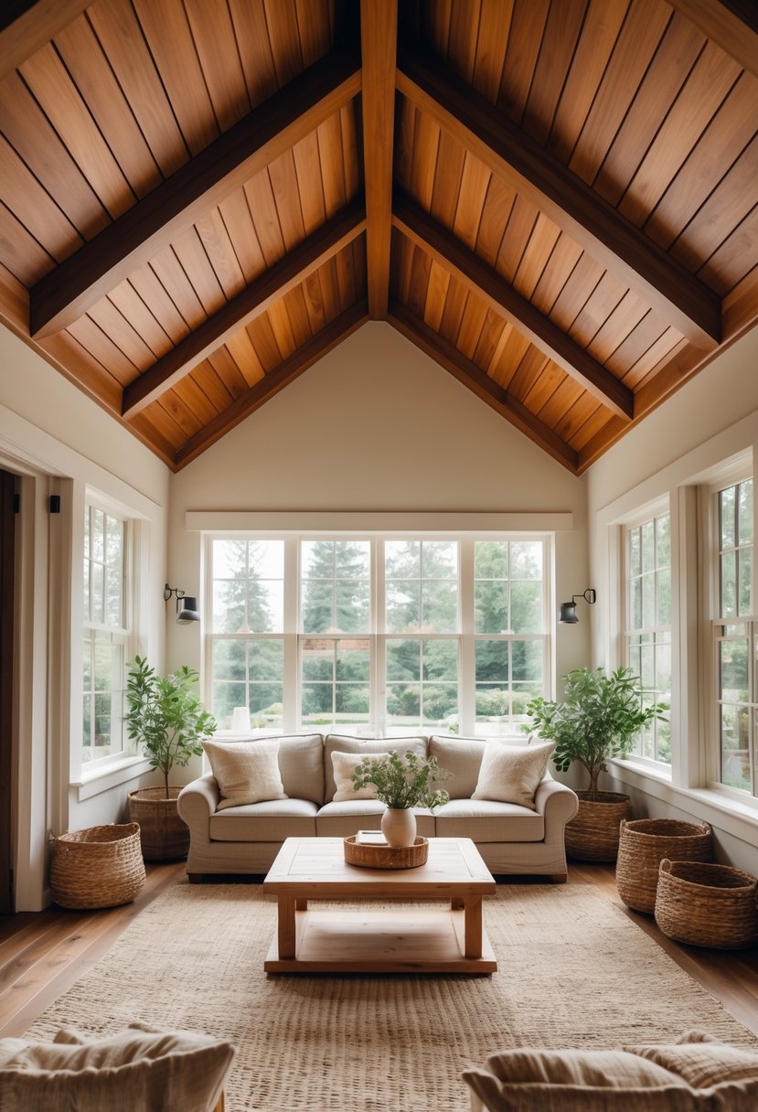 Warm Rustic Living Room Ideas: 22 Inspiring Ways to Create a Cozy Space 5 A living room with a vaulted ceiling made of teak wood panels, featuring comfortable seating and natural light.