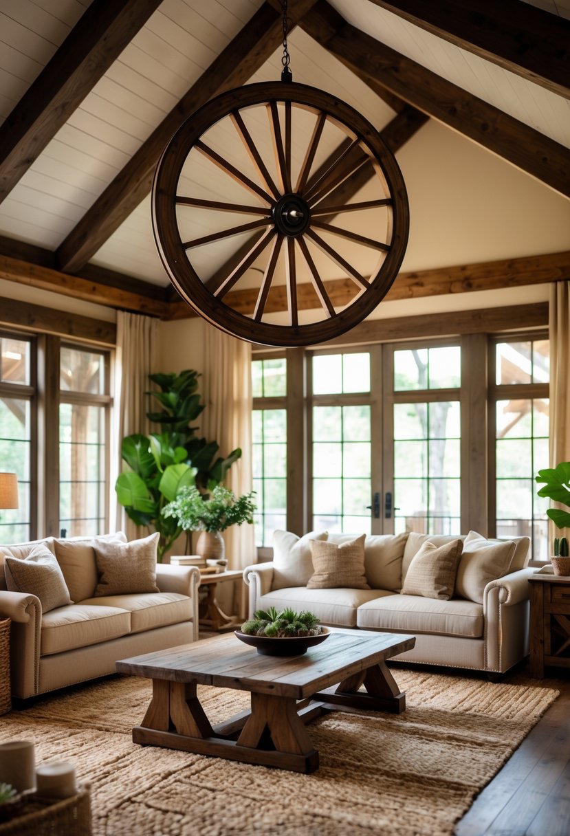 Warm Rustic Living Room Ideas: 22 Inspiring Ways to Create a Cozy Space 8 A living room with a large wheel chandelier hanging from the ceiling above a sofa and coffee table.