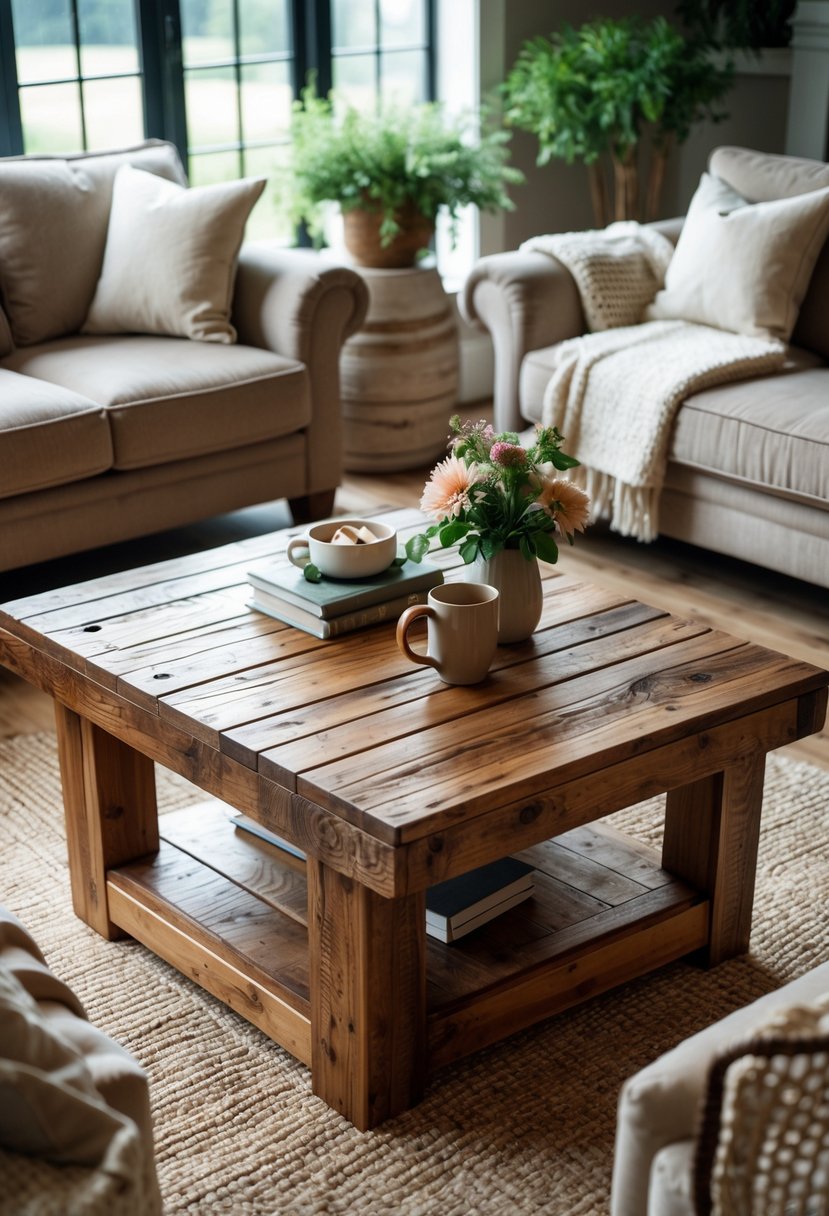 Warm Rustic Living Room Ideas: 22 Inspiring Ways to Create a Cozy Space 9 A reclaimed wood coffee table in the center of a living room with a sofa, armchairs, plants, and natural light coming through windows.
