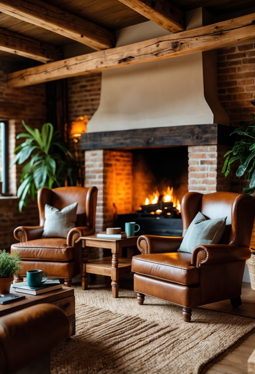 Warm Rustic Living Room Ideas: 22 Inspiring Ways to Create a Cozy Space 10 Two brown leather armchairs facing a fireplace in a warm living room with wooden beams and a rug.